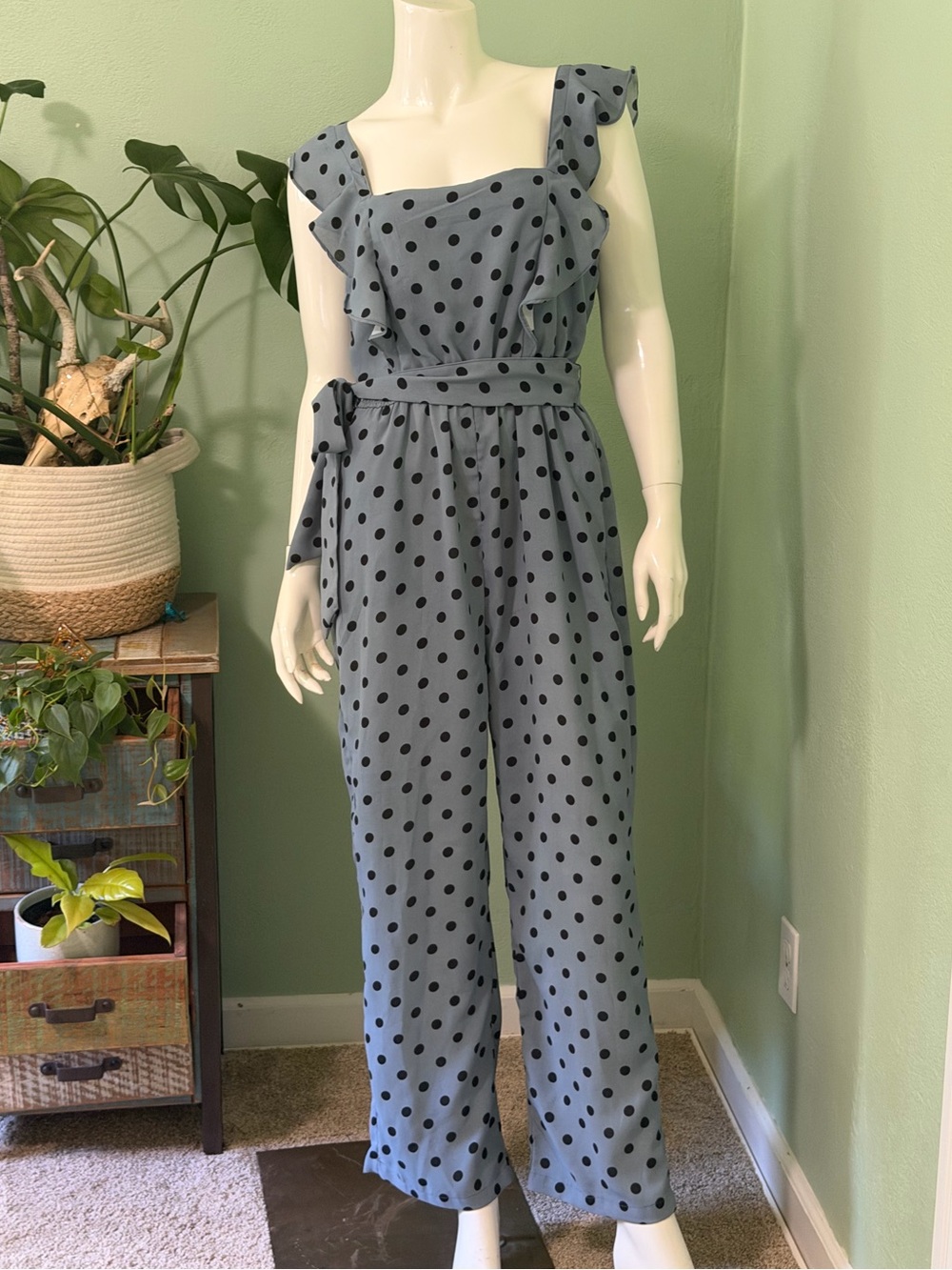 Hayden Polka Dot Ruffle Strap Jumpsuit in Slate Blue